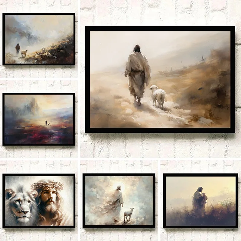 Jesus Lion Walk Water Flower Christianity Poster Printing Decor Canvas Painting Living Room Bedroom Religion Wall Art Home Decor