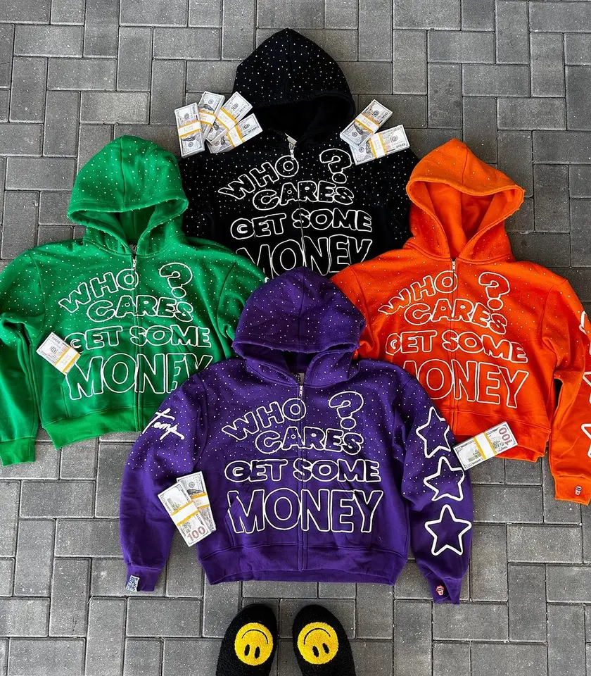 Who Cares Get Some Money Applique Printed Zip Hoodie Womens