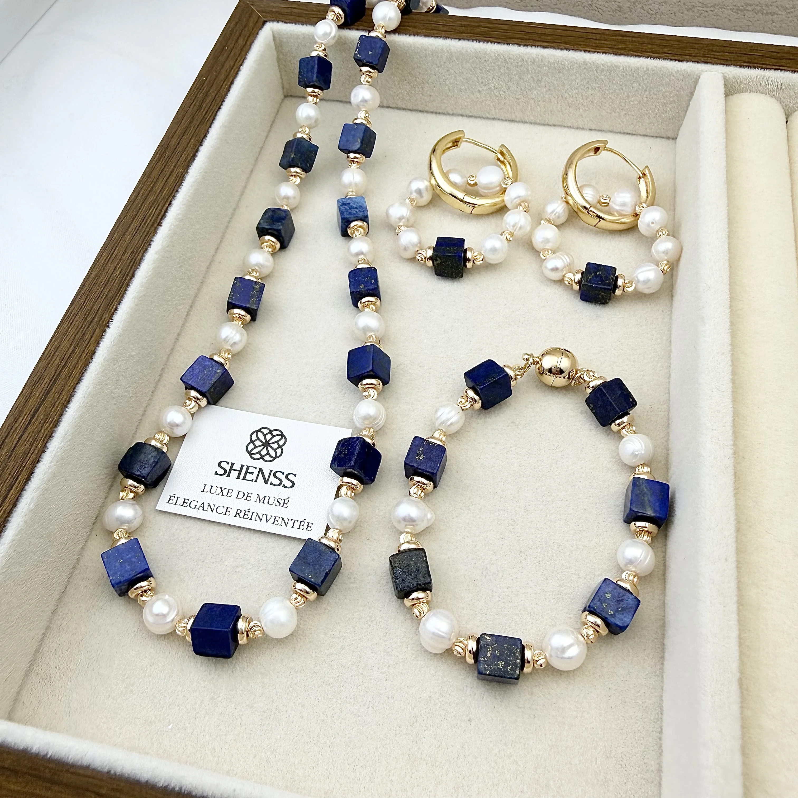 Natural Lapis Lazuli Cube Freshwater Pearl Jewelry Set Luxury Blue White Contrast Necklace Bracelet Earrings Elegant Versatile view 3