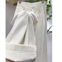 Narrow White Wide Leg Jeans for Women's Spring Autumn 2024 New High Waisted Loose Straight Leg Pants Small Height Hanging Pants