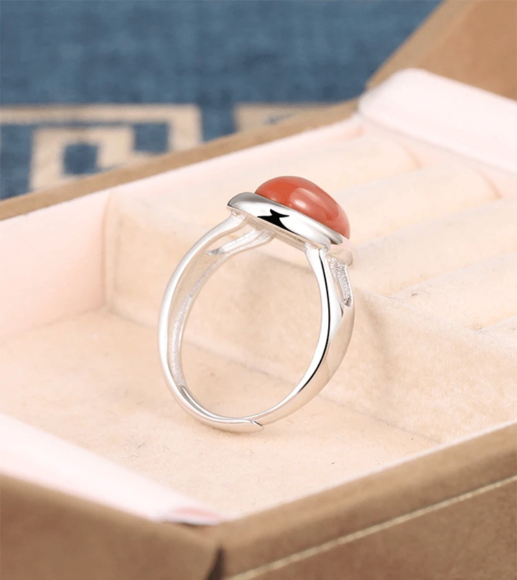 S925 Sterling Silver Fashion South Red Agate open ring retro girl feeling ins net red ring