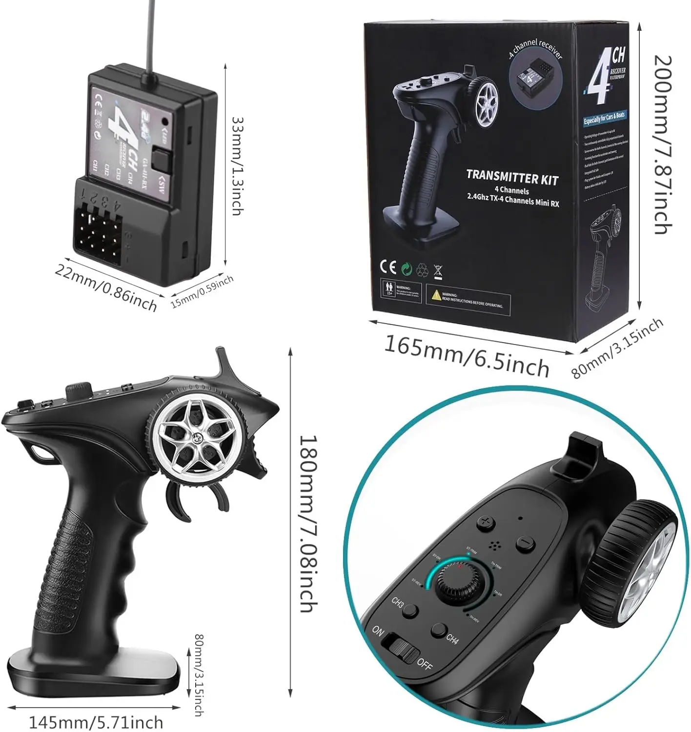 Control Remoto TX4 RC 2.4GHz TX-4, Sistema de Radio Digital de 4 Canales con Receptor para Coche o Barco RC 1/8 1/10