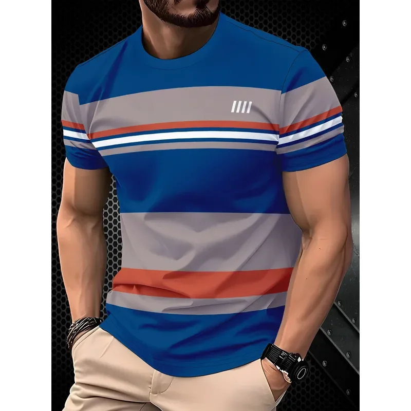 Men Colorful Horizontal Stripe T‑Shirt Small Logo Print Crew Neck Short Sleeve Tops 2 Colors