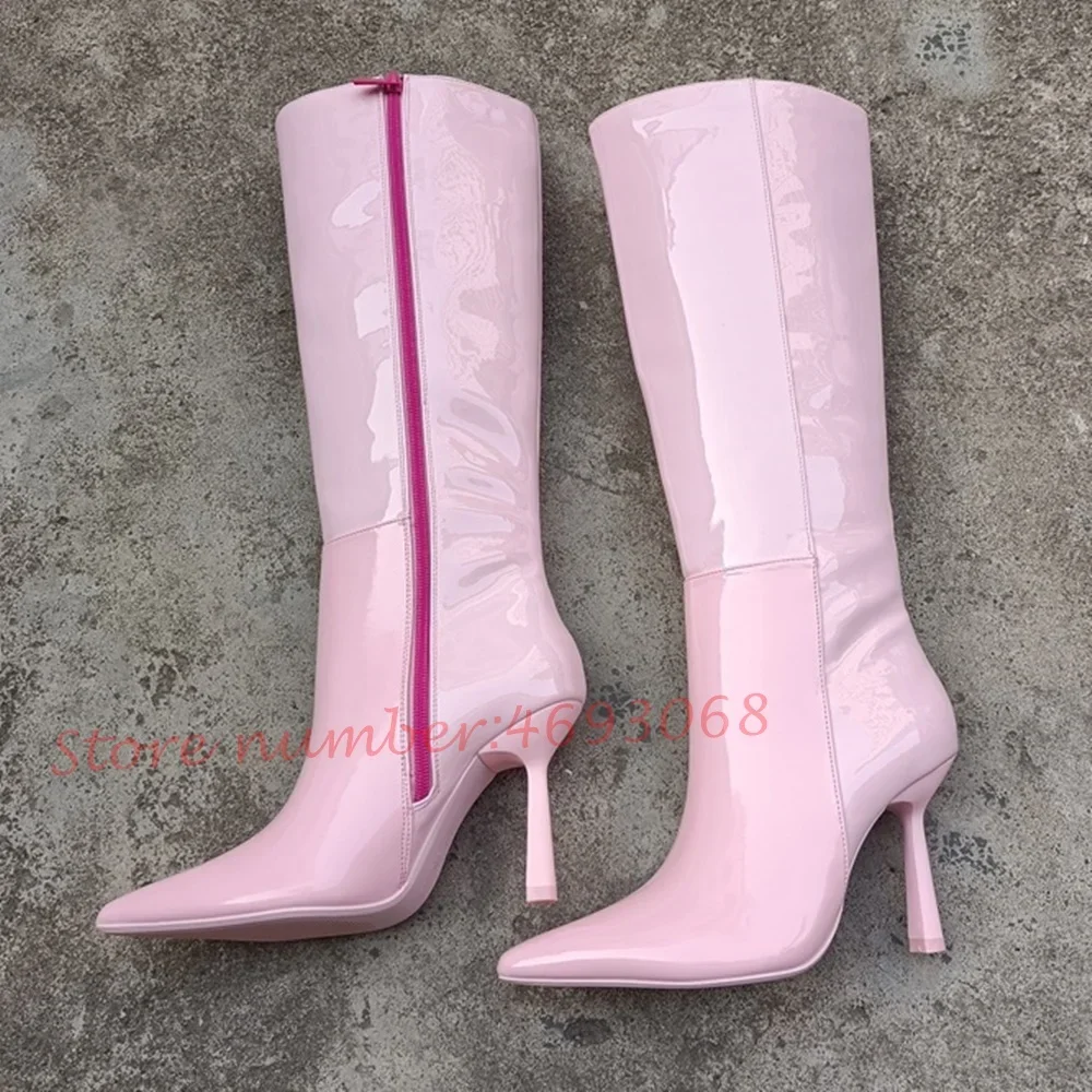 

Light Pink Women Knee High Boots Elegant Shiny Leather Kitten Heels Boots Modern Pointy Toe Trends Solid Female Splicing Shoes