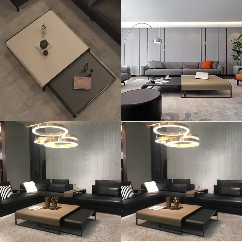 Italian Minimalist Nordic Extendable Coffee Table Light Iron and Leather square Designer Home Coffee Table
