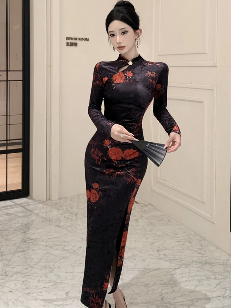 Otoño Invierno negro terciopelo Stand Collar vestido largo con abertura mujeres Vintage Hepburn vestido de graduación 2025 coreano elegante vestido de noche de lujo