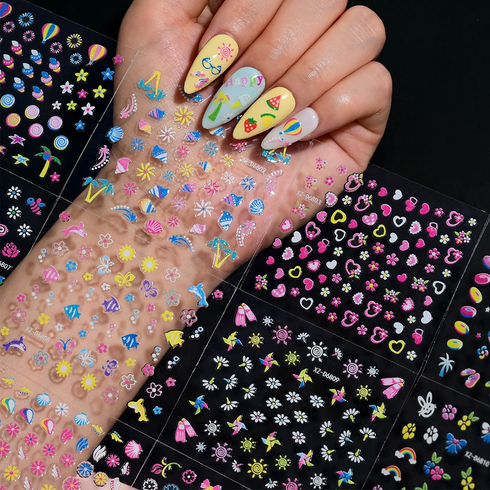 30Sheet 3D Colorful Flower Nail Art Stickers Decals Self Adhesive Cute Daisy Floral Nail Sticker Summer Series Manicure Supplies