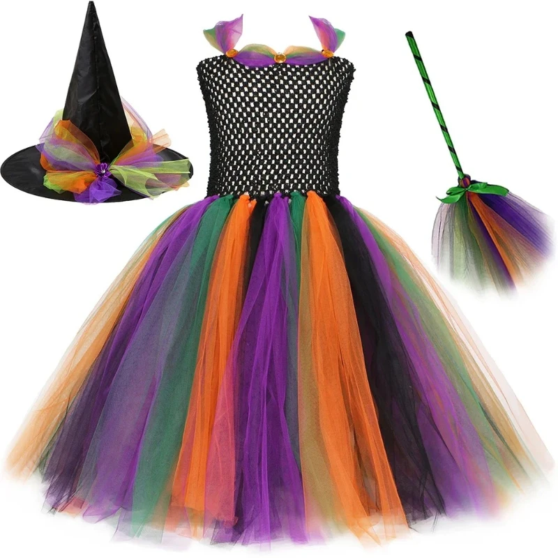 Rainbow Magical Witch Layered Tulle Tutu Gown Matched Pointed Hat and Magic Broom, Fantasy Costume for Halloween Masquerades
