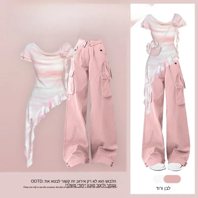 

Summer Korean Style Women's Dopaamine Outfit Irregular Short Sleeve T-Shirt with Pink Workwear Pants Two-Piece Set Fashionable
