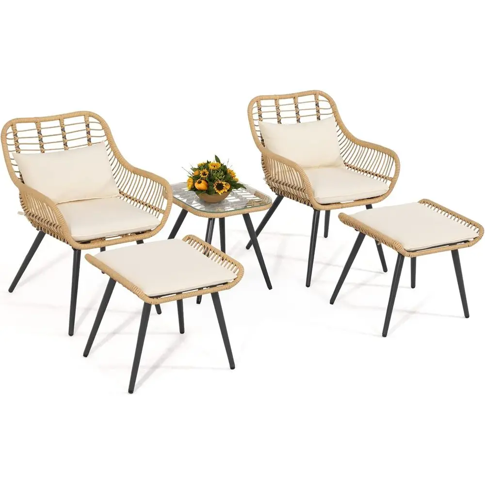 

Комплект садовой мебели из 5 предметов с кофейным столиком и пуфиками для балкона, террасы и зоны у бассейна