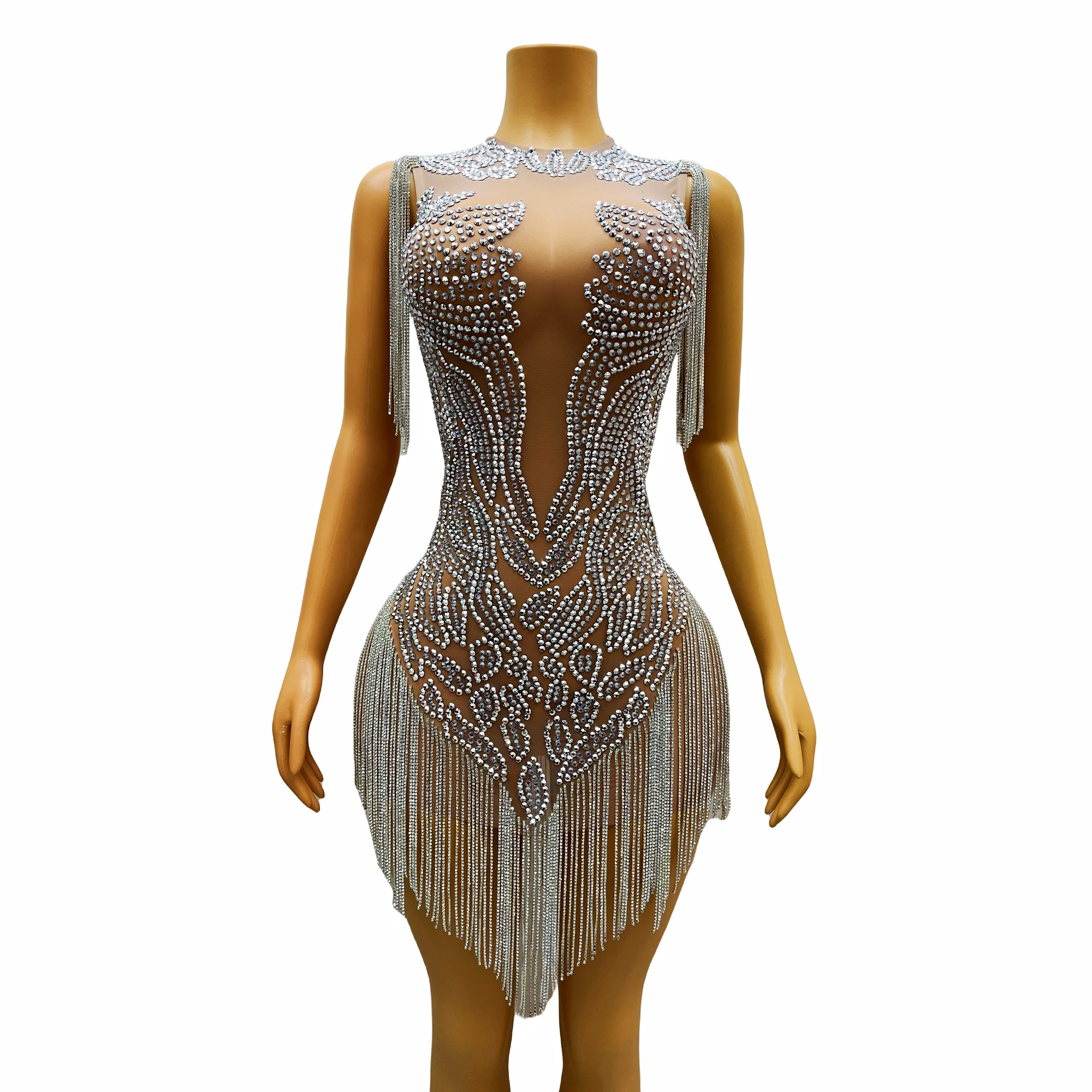 

Flashing Silver Rhinestones Crystals chains Nude Mesh Dress Women Party Show Outfit Singer Dancer Stage Perform Costume Yingchi