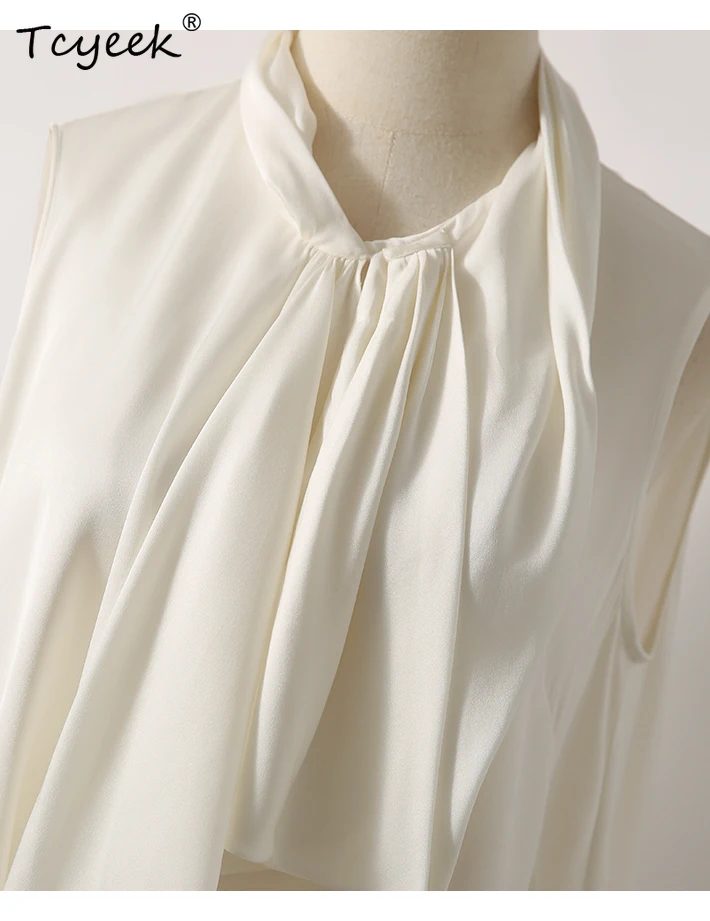 Tcyeek, chemise élégante en soie de mûrier 9%, volants sans manches avec ruban pour femmes, hauts OL de trajet à la mode, été automne 2024 T46428QM