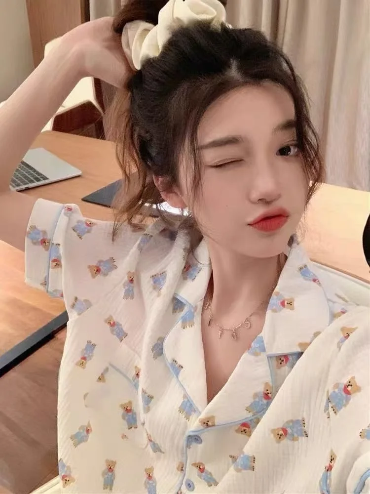 Summer New Women's Short Sleeved Home Clothes Set Cartoon Breathable Collar Short Sleeved Shorts Comfortable Thin Pajama Set - view 6