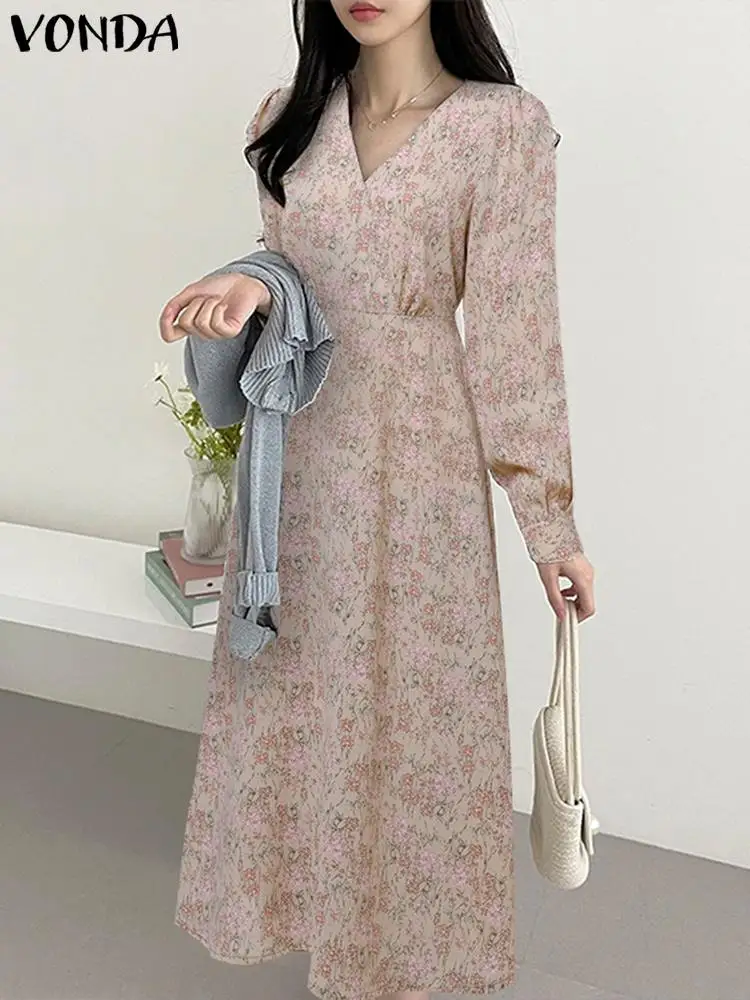 

VONDA Bohemian Floral Printed Women Dress 2023 Autumn Long Sleeve Causal Loose Midi Sundress Sexy V-neck Holiday Vestido Robe