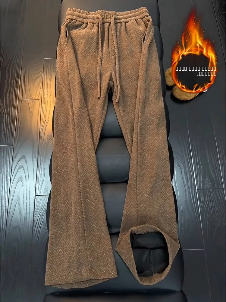 

Вельветовые брюки мужские зимние утепленные на флисе, прямые, модные, брендовые, с геометрическим узором, теплые повседневные брюки