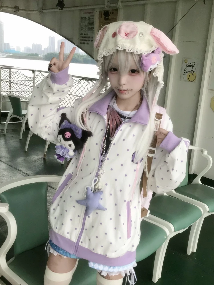 

HOUZHOU Y2k White Cutecore Juminocore Polka Dot Women Zipper Hoodies Sweet Long Sleeve Japanese Style Coat Kawaii Loose Casual