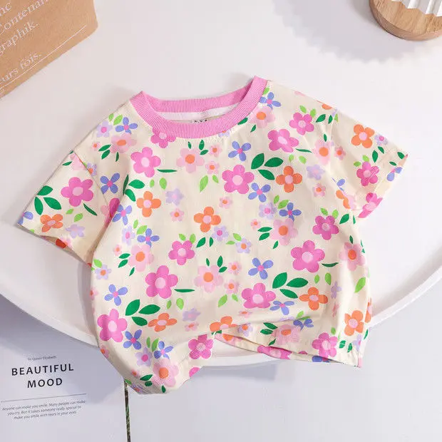Girls' Short Sleeved T-shirt 2026 Summer Outfit New Korean Baby Stylish Floral T-shirt Girls' Top Versatile