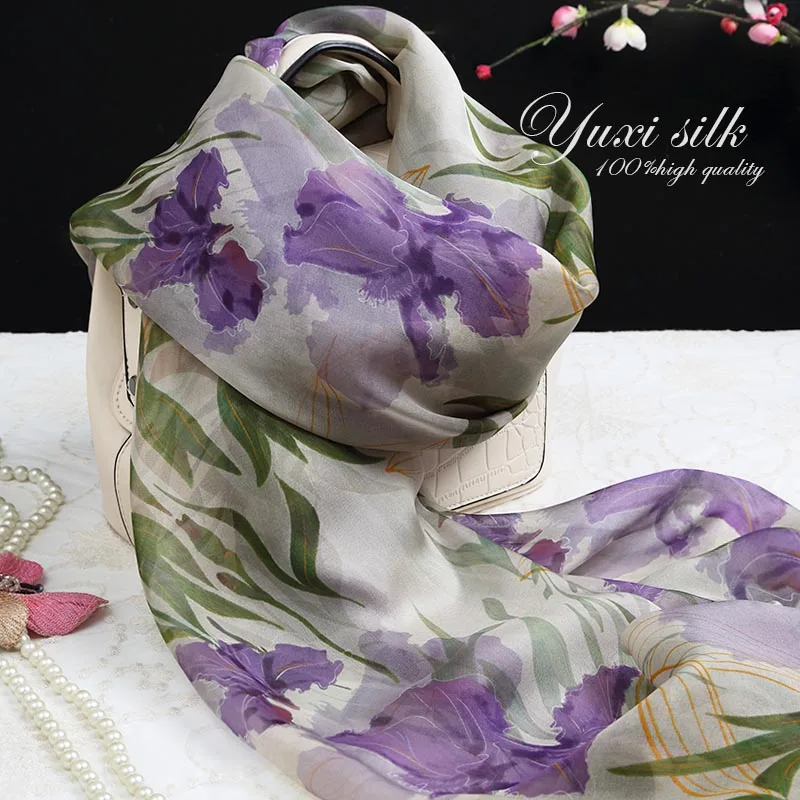 

Purple Flower-De-Luce 100% Silk Long Scarf Shawl Women's Spring, Autumn and Winter Summer