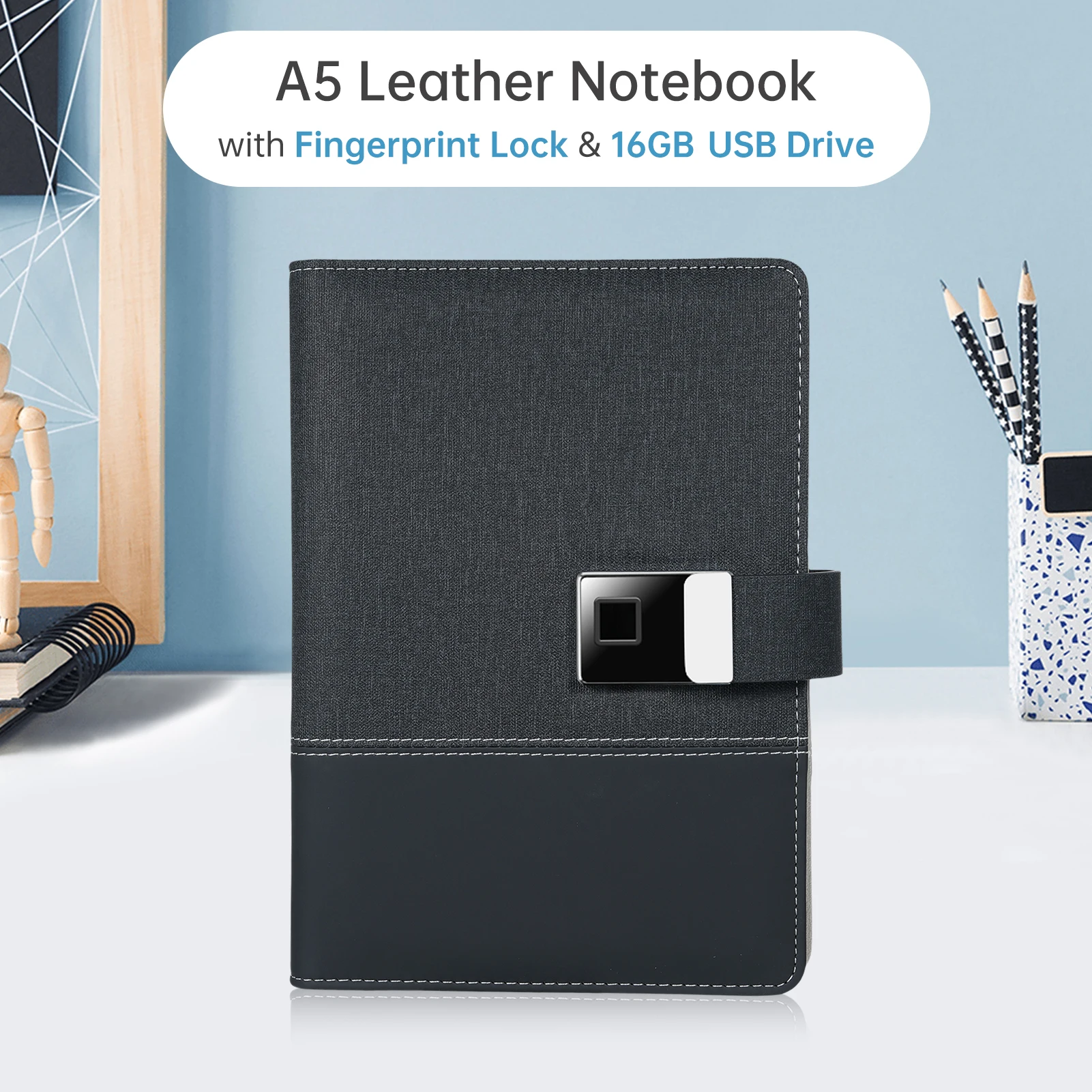 A5 Leather Notebook with Fingerprint Lock 16GB High-Speed USB Drive Lined Journal Planner 100-Page 6-Ring Binder 4 Card Slots