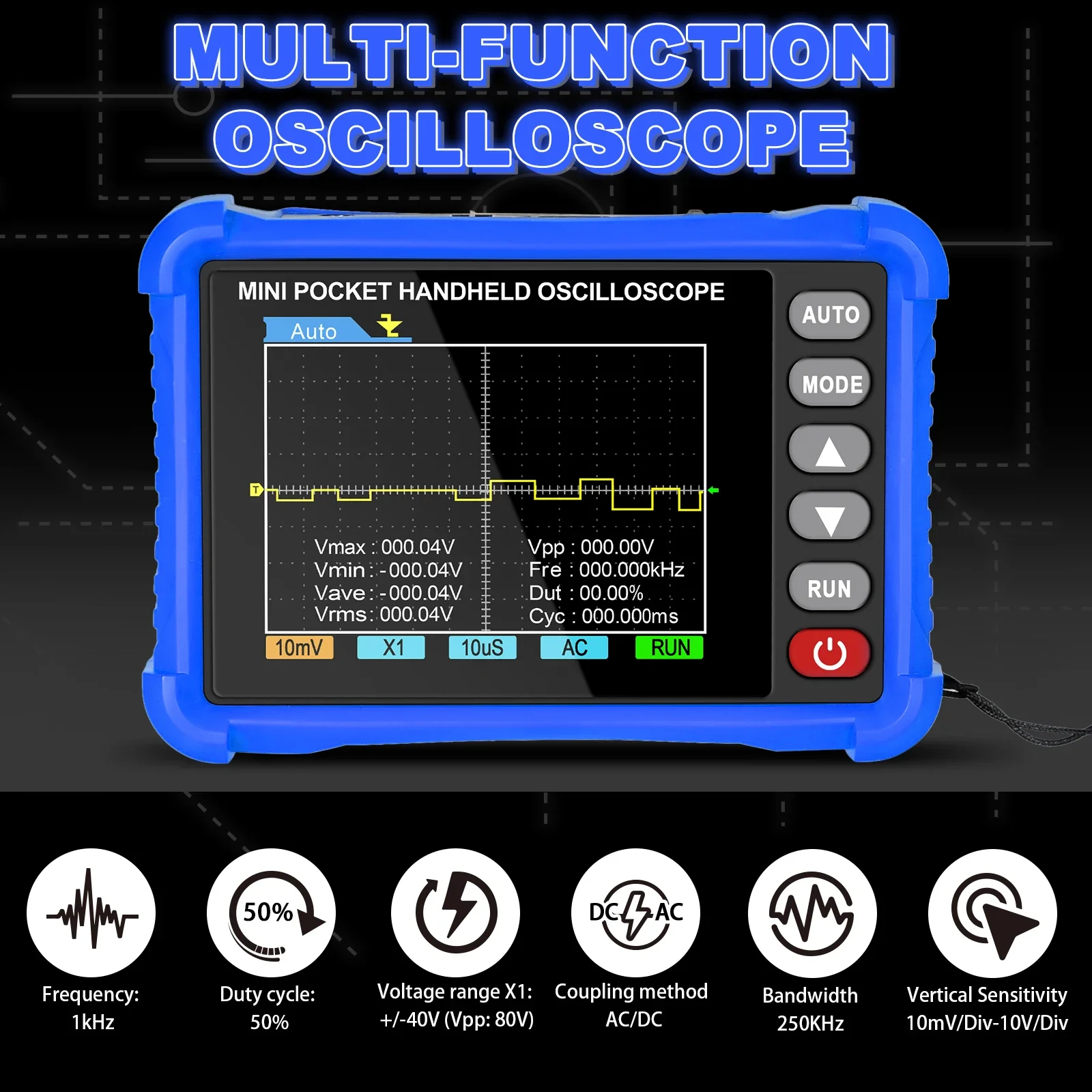 

HoldPeak Mini Digital Portable Oscilloscope HP-250K 250kHz Bandwidth 2.5MS/s Sampling Rate Electronics Practicality Repair Tools