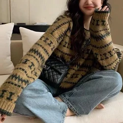 Women Pullovers Aztec Jacquard Knit Jumper Vintage Cozy Grandpa Sweater Aesthetic Winter Outfit