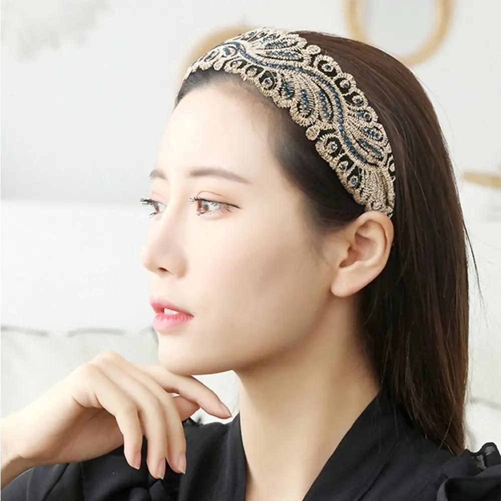 

Fashion Headdress Lace Flowers Rhinestone Cloth Girl Gift Korean Style Hairband Wide Hair Hoop Headwear Girl Headband