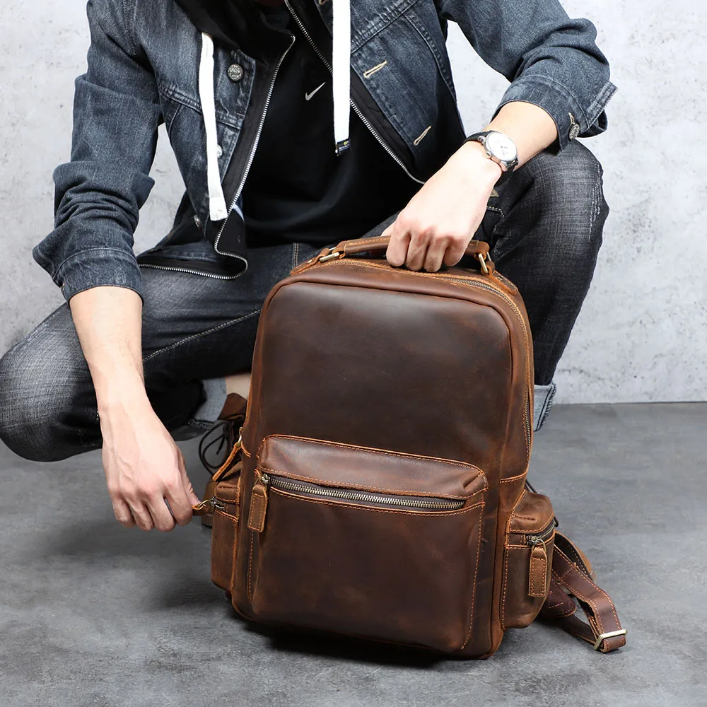 S.WORKER Vintage Echtleder-Rucksack für Herren, Große Laptop-Schultertasche aus Rindsleder, Klassische Vintage Crazy Horse Schultasche für Reisen – Detail 5