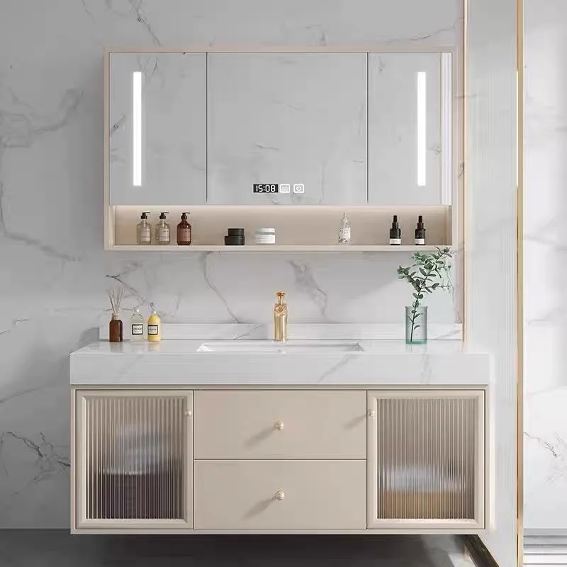 Vanity Mirror Bathroom Cabinet Ceramic Integrated Sink Cabinet Cream-Style Vanity Cabinet with Integrated Wash Basin