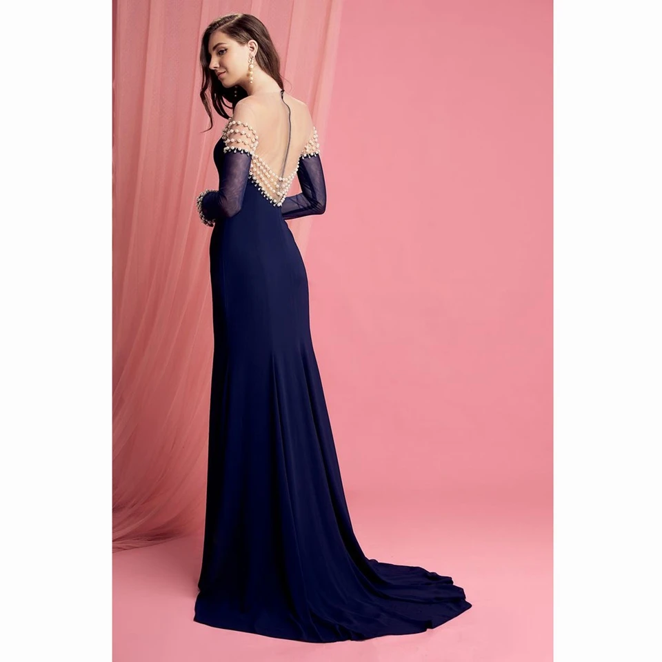 Elegante azul marinho o-pescoço mangas completas pérolas vestido de noite 2025 a linha até o chão varredura trem chiffon zíper vestido de baile