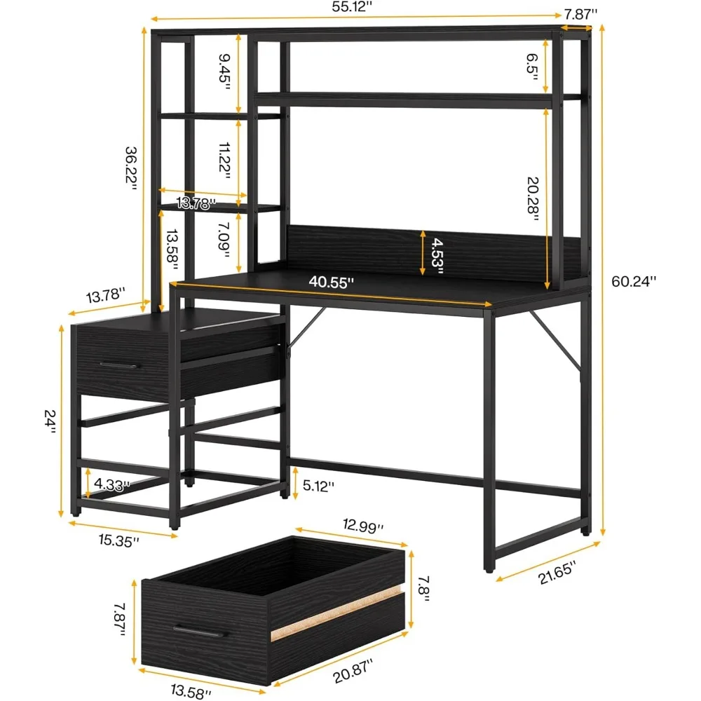 55 Inch Computer Desk with 2 Drawers and Storage Shelves, Rustic Office Desk with Hutch