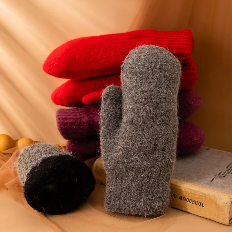 جديد إمرأة شتاء الدفء زائد الكشمير رشاقته الصلبة مرونة لينة أصابع كاملة الصوف الحياكة القفازات قفازات لطيف جميل