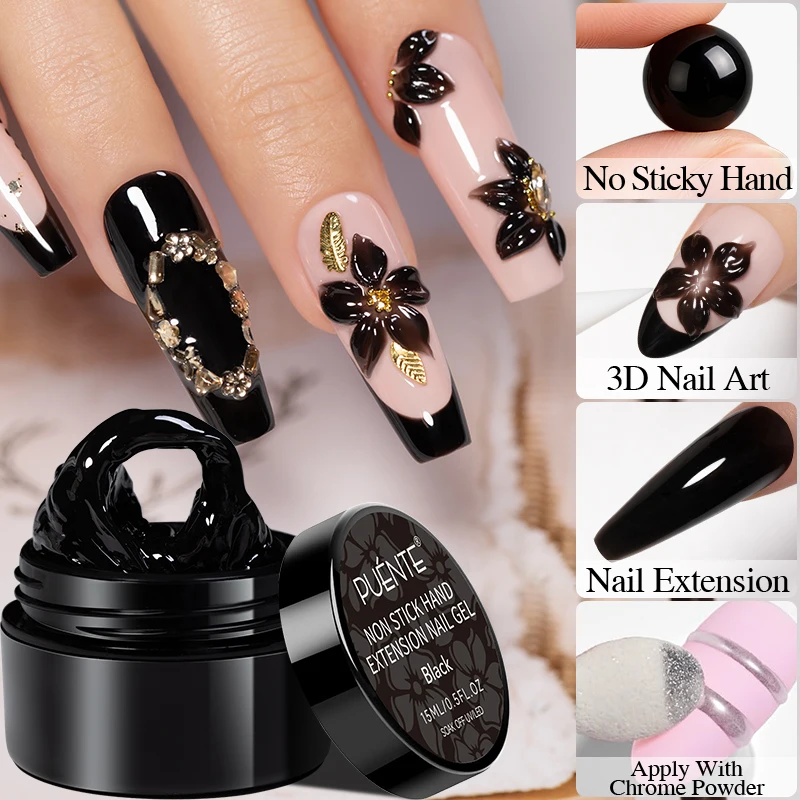 PUENTE 15ML Non Stick Hand Extension Nail Gel Polish Black Solid Builder Nail Gel For 3D Flower Carving Soak Off UV Nail Art Gel