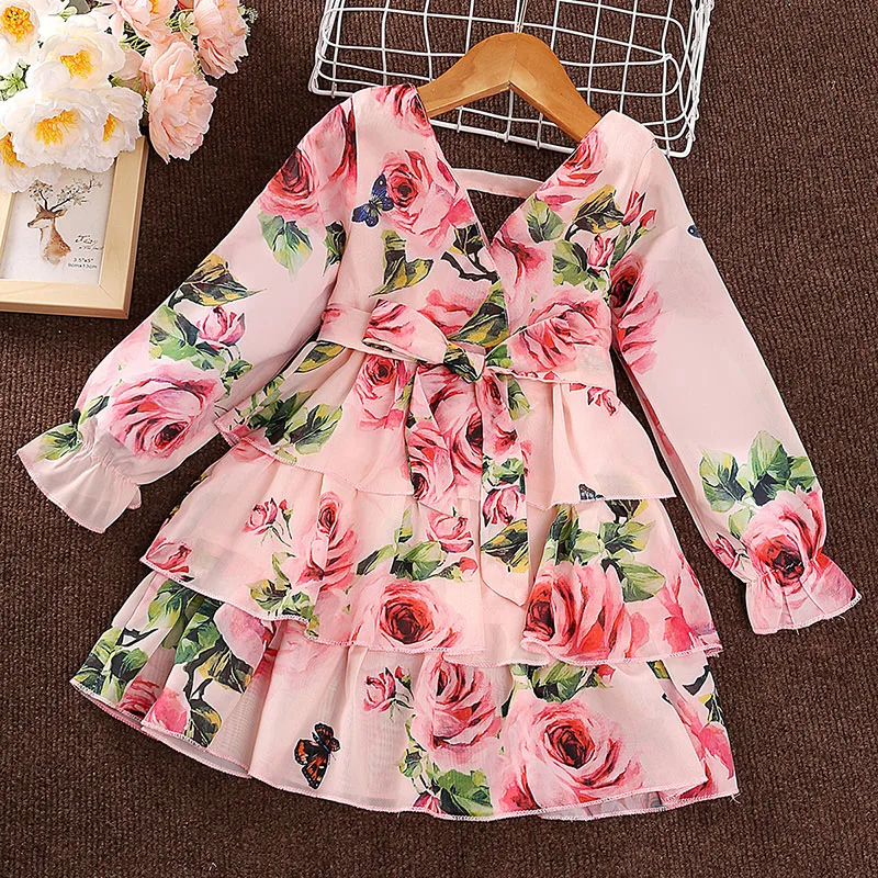 Summer girl dress rose print V-neck dress Spring and autumn long-sleeved cake princess skirt girl clothing