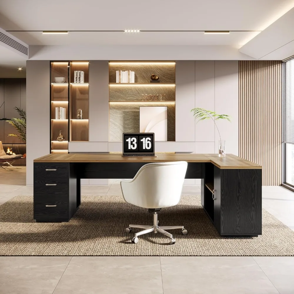 85,8-Zoll-L-förmiger Chefbüroschreibtisch mit Aktenschubladen und Aufbewahrungsschrank, professioneller Eck-Computertisch, extra großer Bus