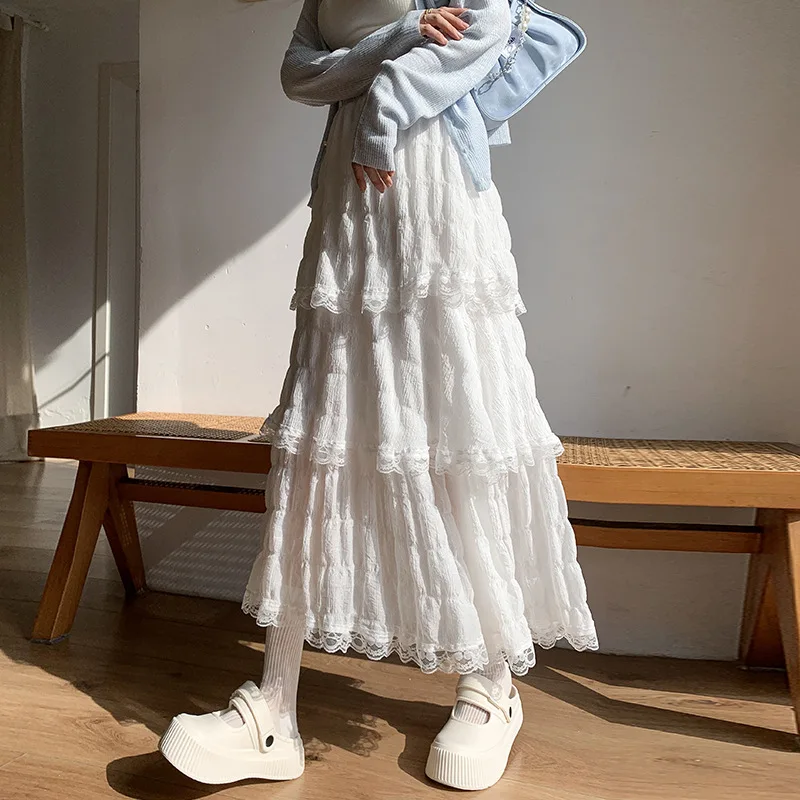 

Ladies' Korean style high waisted white chiffon chiffon chiffon dress, cute and sweet lace pleated long skirt
