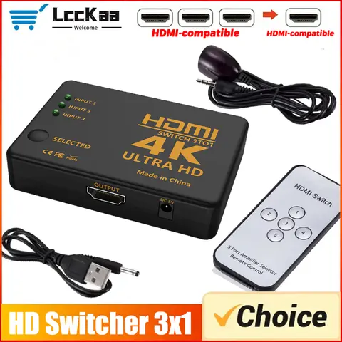 HDMI 호환 스위치 4K 스위처 3입력 1출력 풀 HD 1080P 비디오 케이블 분배기 3x1 허브 어댑터 컨버터 (TV 박스, HDTV, PC용)