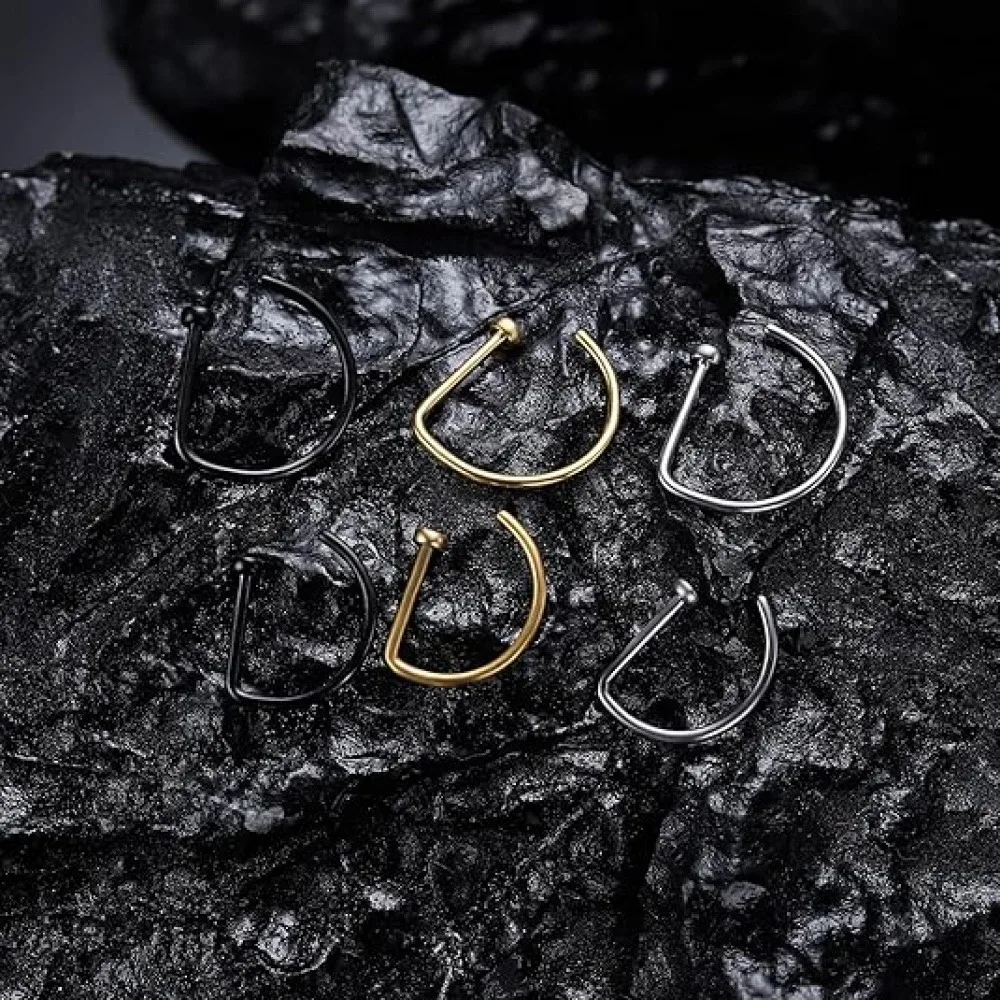 4 Pack Non Piercing D-Shaped Nose Rings Fake Nose Cuffs, Stainless Steel Clip On Nose Hoops, Punk Minimalist Fake Piercing Nose Jewelry for Women Men Party Daily Cosplay
