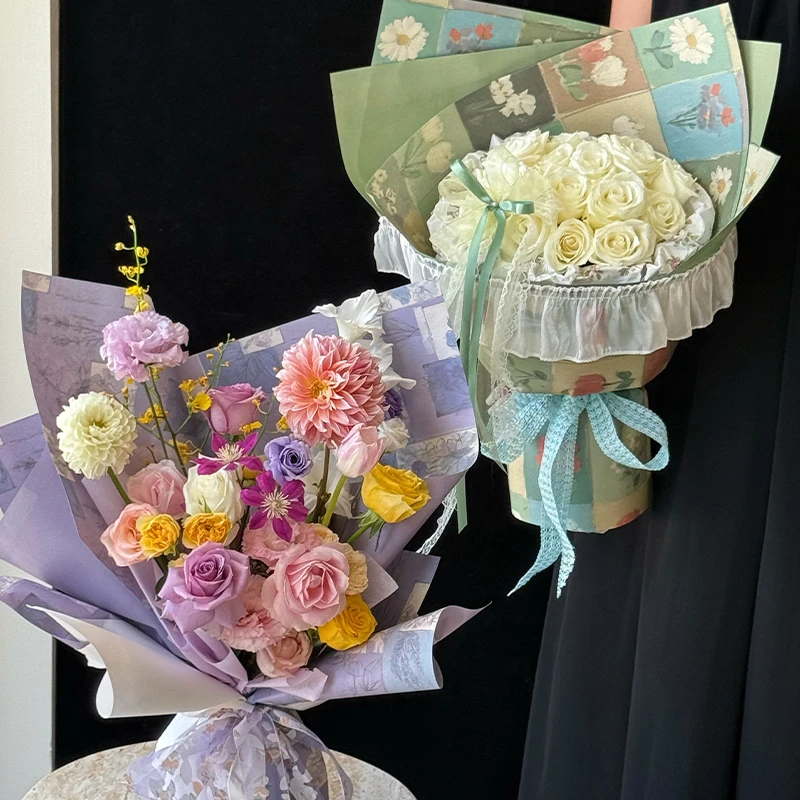 

10 шт., оберточная бумага для цветов с геометрическим рисунком ко Дню святого Валентина, художественная ретро картина маслом, листы крафт-бумаги