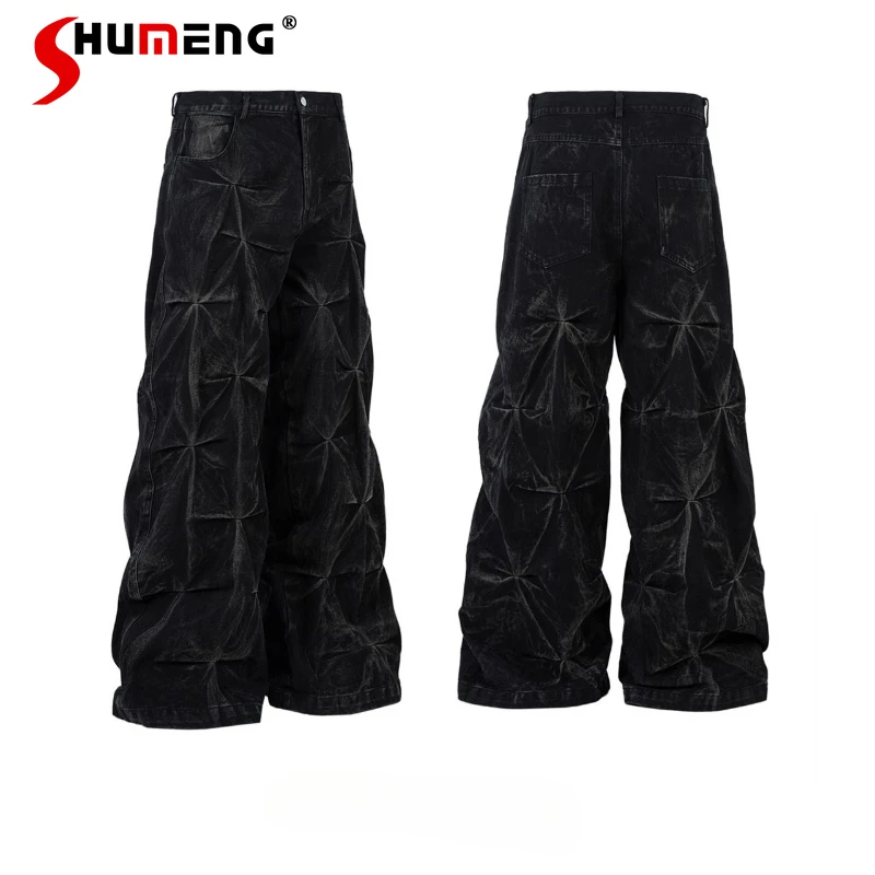 

Men's 2025 Autumn New Pleated Design Jeans High-End Stylish Straight Wide-Leg Denim Pants Masculinity Handsome Denim Trousers