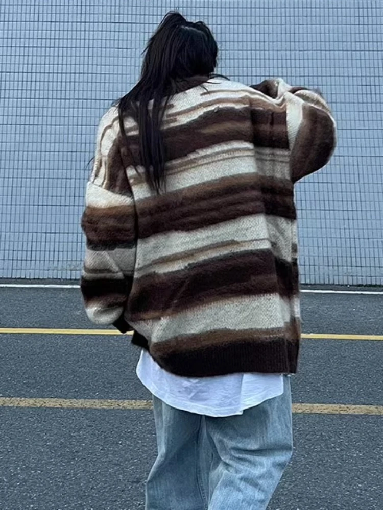 Sweaters Men Autumn Hip Hop Hipster Japanese Style Striped Couple Knitwear Contrast Color Vintage Casual Slouchy Pullovers Daily