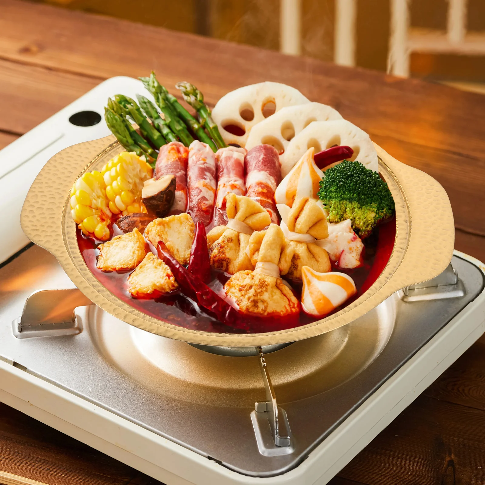 Olla Sukiyaki de doble oreja de 20CM, utensilio de cocina de calentamiento rápido de acero inoxidable, soporte seco para Ramen, regalo adecuado para mariscos