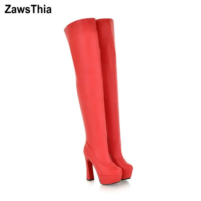 

Soft PU Leather Red Nude Color Overknees Women Sexy Stripper Shoes High Heels Platform Over-the-knee Stretch Boots Big Size 52