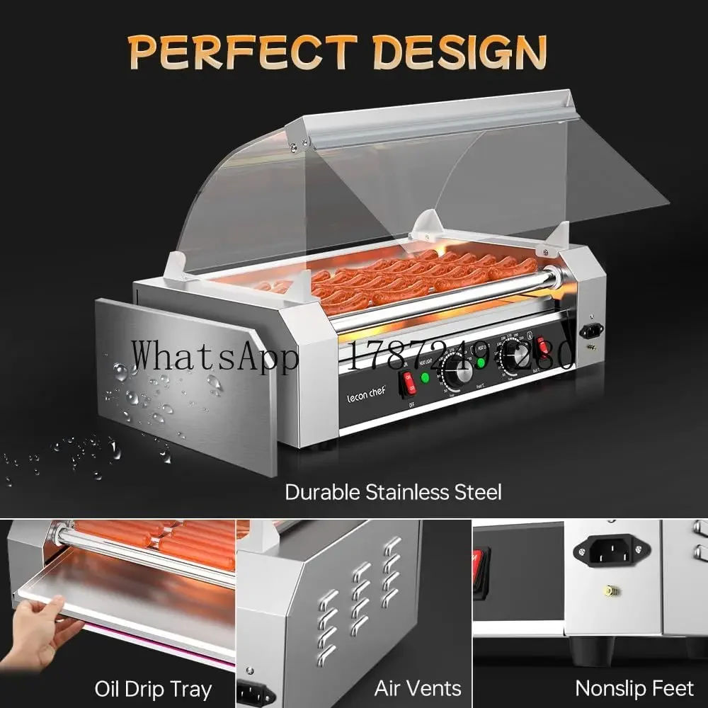 Commercial Hot Dog Roller Machine Leconchef 7 Roller Stainless Steel Cooker with Glass Cover Dust Cover LED