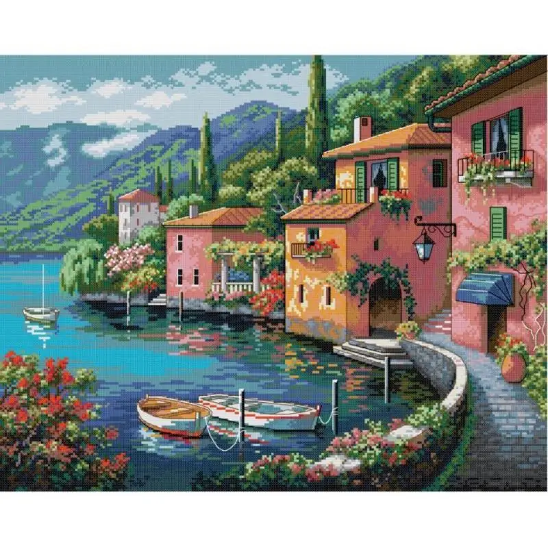 Casa colorida da água joysunday kit de ponto cruz aida 14 16 11ct hd tecido impresso dmc fio bordado decoração para casa artesanato