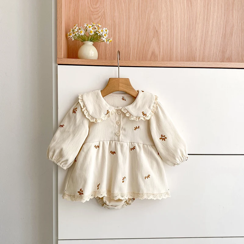 Baby-Mädchen-Stramplerkleid, langärmelig, mit Spitze, Peter-Pan-Kragen, Blumenstickerei, Baby-Overall, Frühling/Herbst, Kleidung für Kleinkinder, 0–24 Monate. – Detail 6