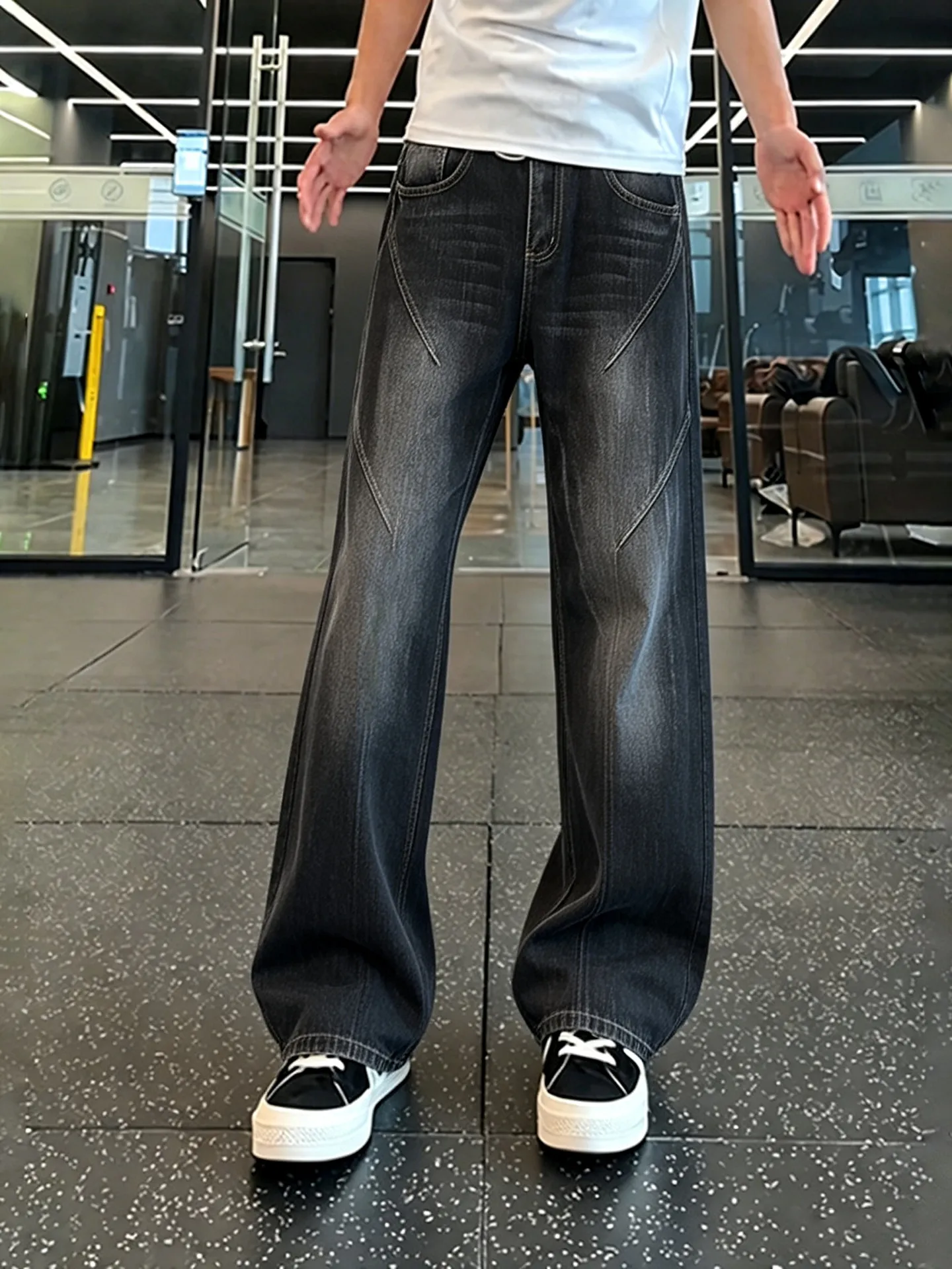 Black Bamboo Node Pattern Wide Leg Jeans Men's Straight Cut Trousers Spring Summer Autumn Winter High Street Style Jeans