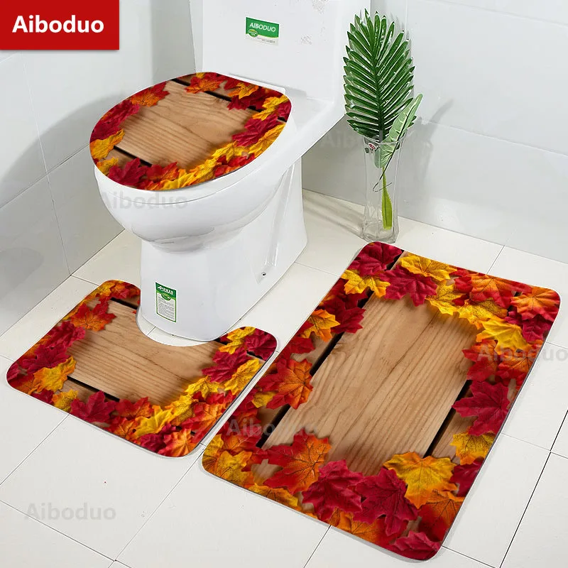 Maple Leaf Autumn Style Design Bathroom 3Pcs/set Mats Home Flannel Decoration Accessories Floor Rugs Toilet Cover 40*60/50*80 CM