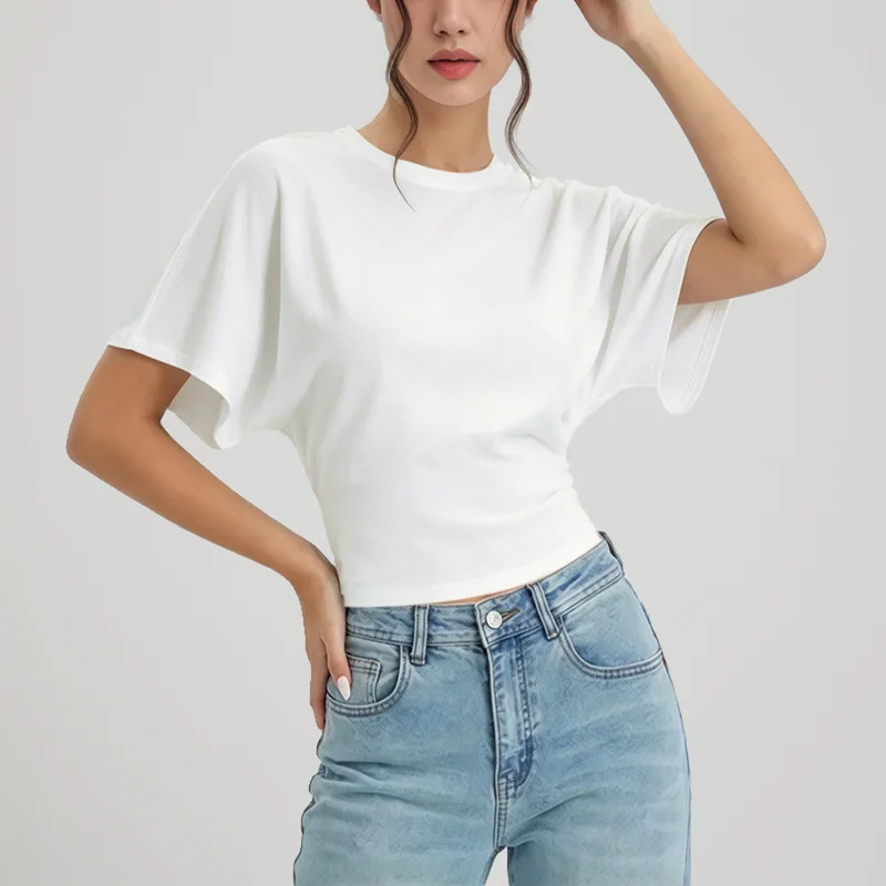 Women Round Neck Batwing Short Sleeve T-shirt Solid Color Slim Waist Casual Daily Basic Tee Stretchy Soft Comfort Knit Lady Tops