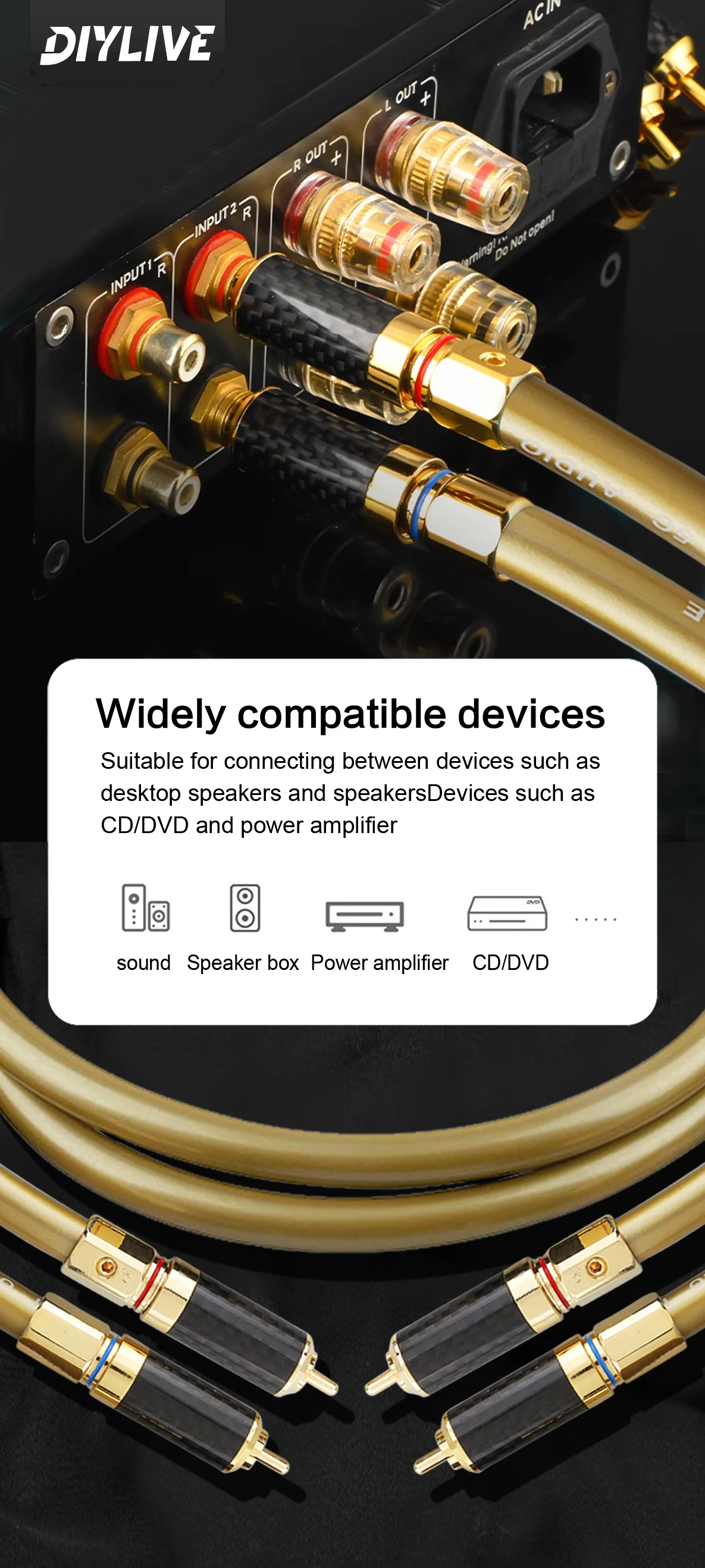 DIYLIVE 1 Paar Hochreines OFC-Kern RCA-Audiokabel 2RCA-Stecker mit Reinkupfer Vergoldeter Stecker für Verstärker - Meterware – Detail 7