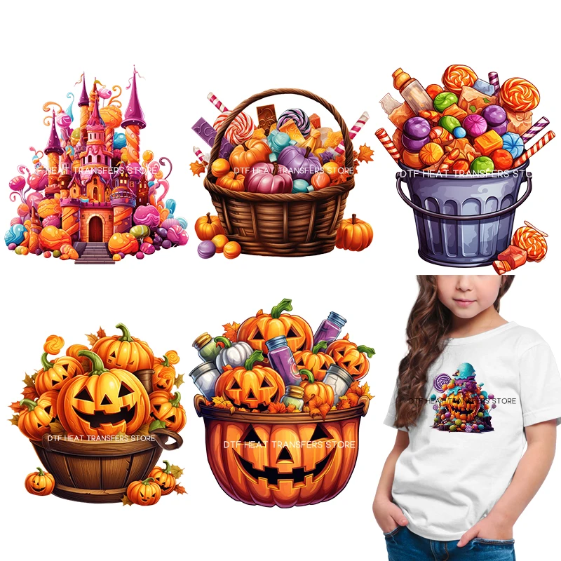 Candy Halloween Pumpkin Girl Pattern Iron On Transfer Vinyl Heat Transfer Thermal Stickers On Clothes Kids Appliques